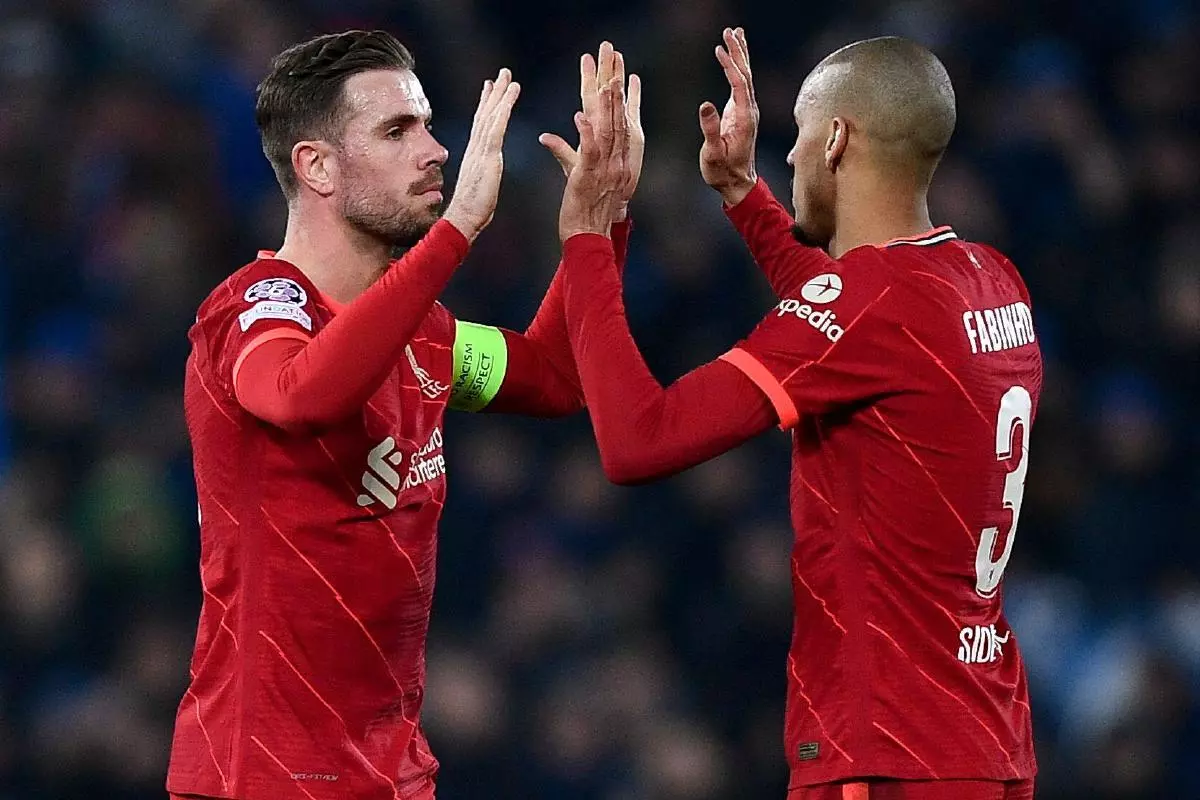 Jordan Henderson of Liverpool FC celebrates with Fabinho