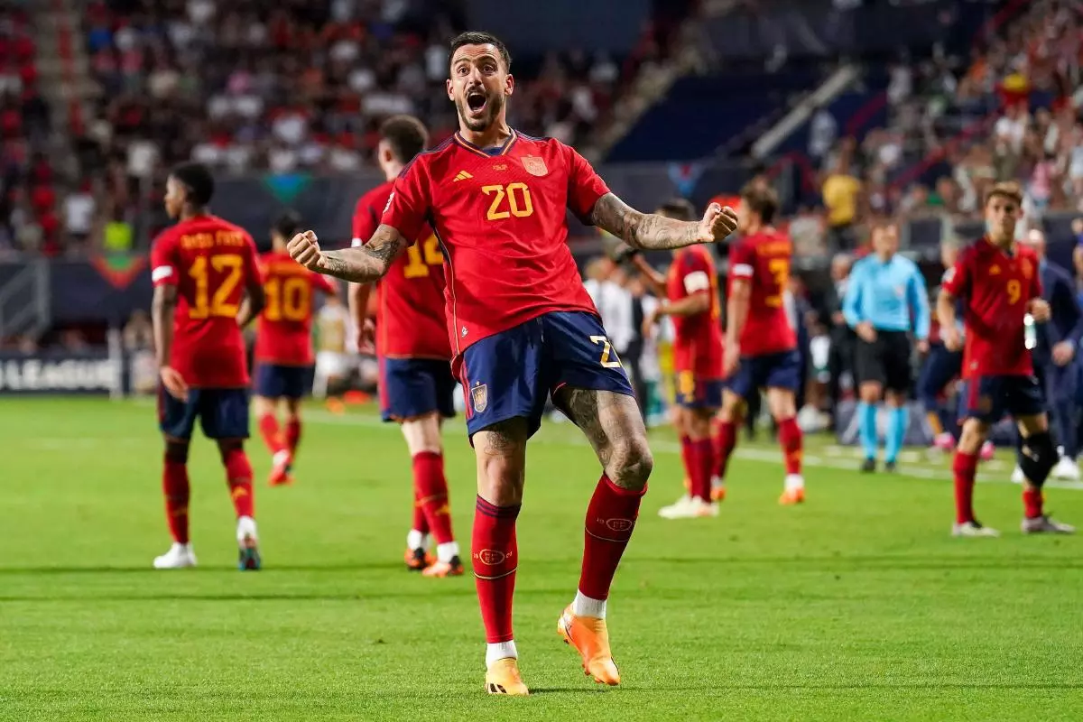 Joselu of Spain celebrates after scoring the team's second goal with his teammates during the UEFA Nations League - June 2023