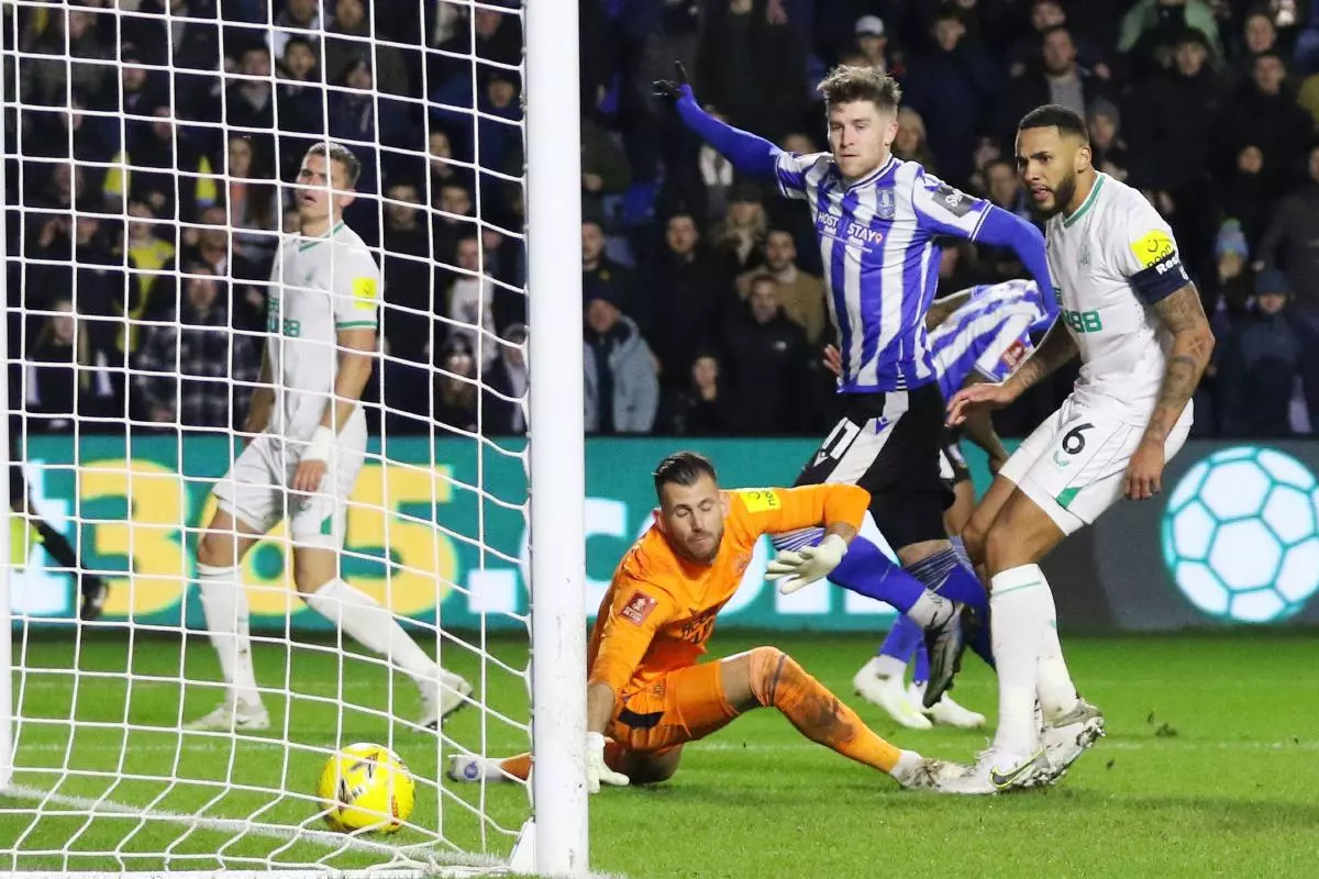 Josh Windass of Sheffield Wednesday scores against Newcastle in FA Cup