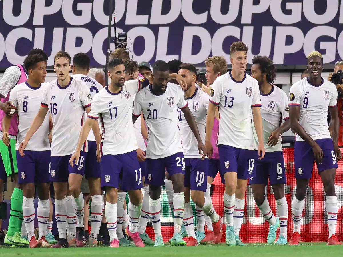 United States forward Matthew Hoppe (13) celebrates with fans and teammates after scoring a goal in action during the CONCACAF Gold Cup quarterfinals match between the United Sates and Jamaic