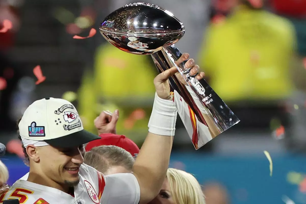 Kansas City Chiefs quarterback Patrick Mahomes holds the Vince Lombardi Trophy - Feb 2023
