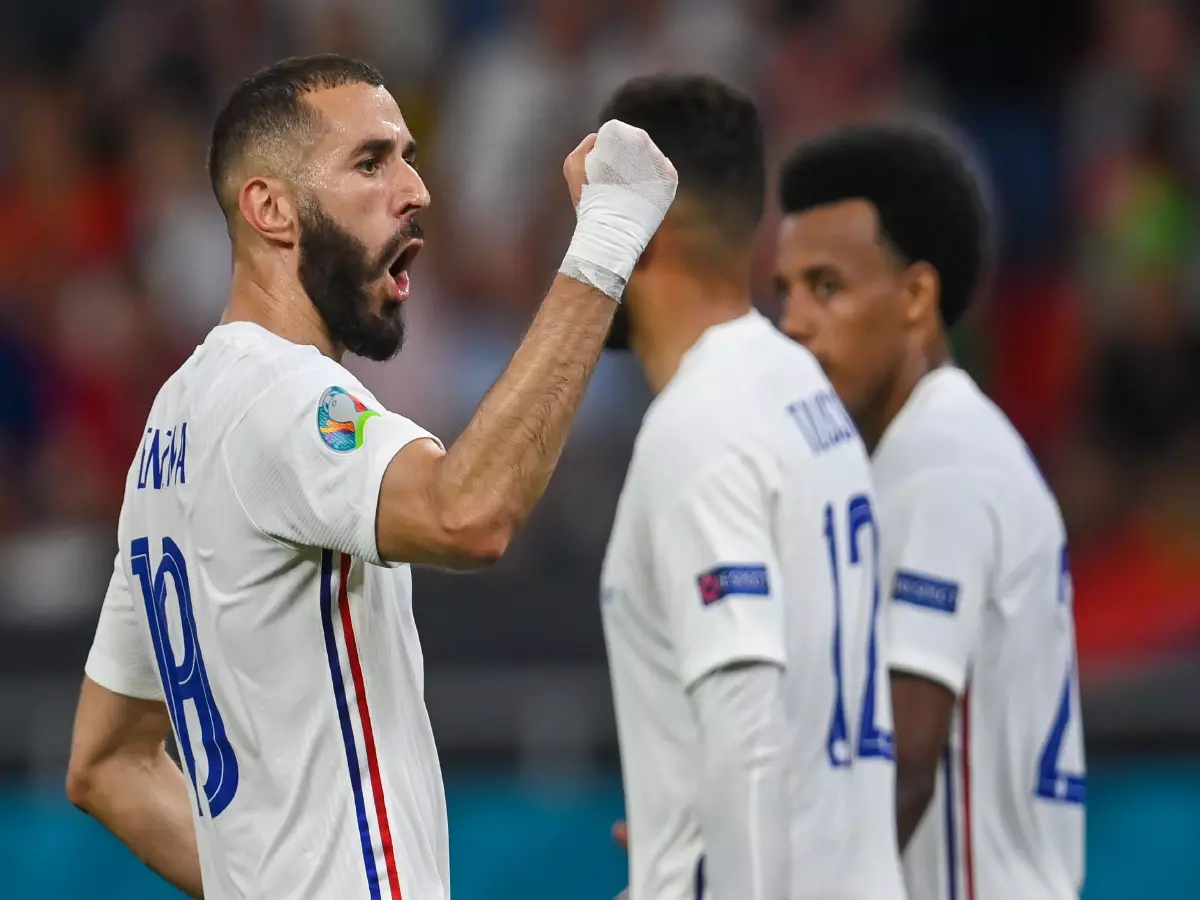 European Championship, Portugal - France, preliminary round, Group F, Matchday 3 at Puskas Arena. France's Karim Benzema (l) celebrates after converting a penalty.