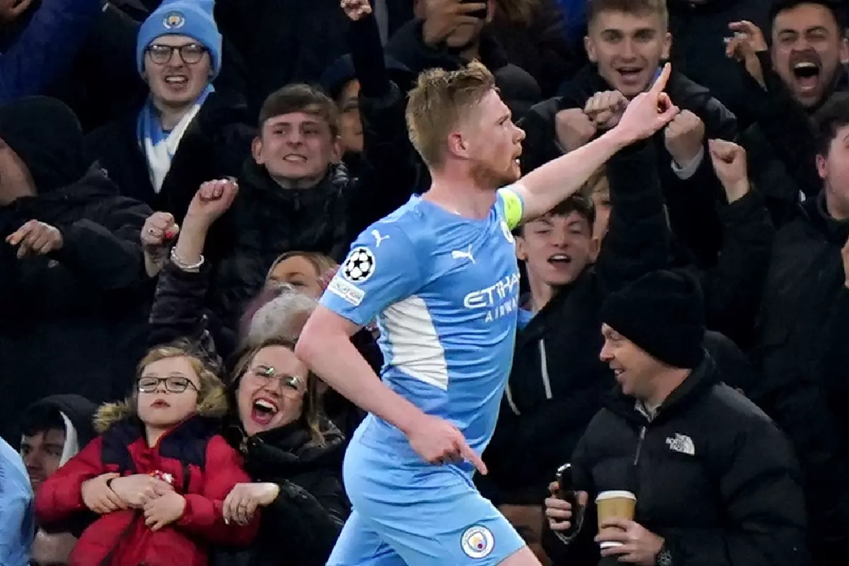 Kevin de Bruyne celebrates his goal for Manchester City against Atletico Madrid in their Champions League QF at the Etihad Stadium