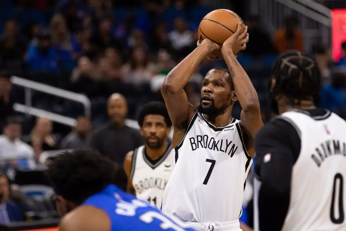 Kevin Durant (7 Brooklyn Nets) takes a freethrow during the National Basketball Association game