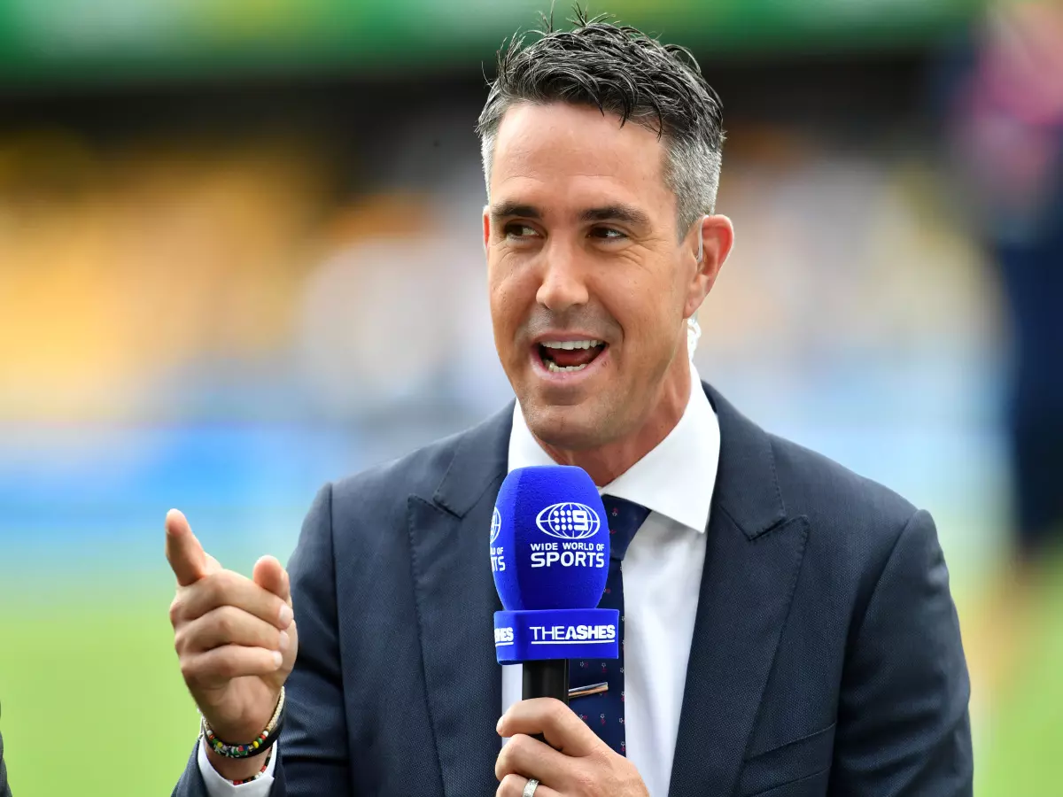 Former England player Kevin Pietersen is seen commentating for Australian TV on Day 1 of the First Test match between Australia and England