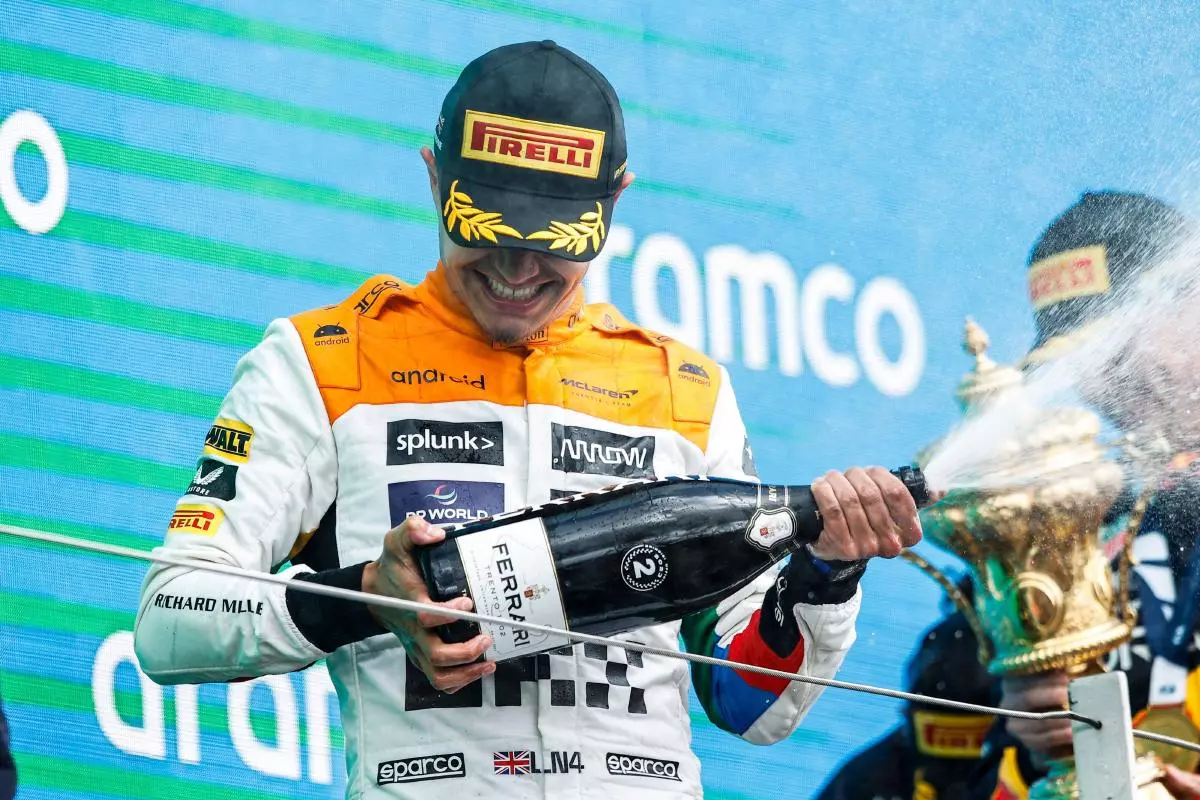 Lando Norris celebrates finishing second at the British Grand Prix - July 2023