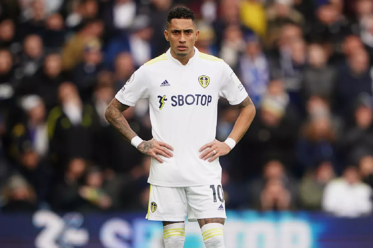 Leeds United's Raphinha appears dejected during the Premier League match at Elland Road, Leeds.