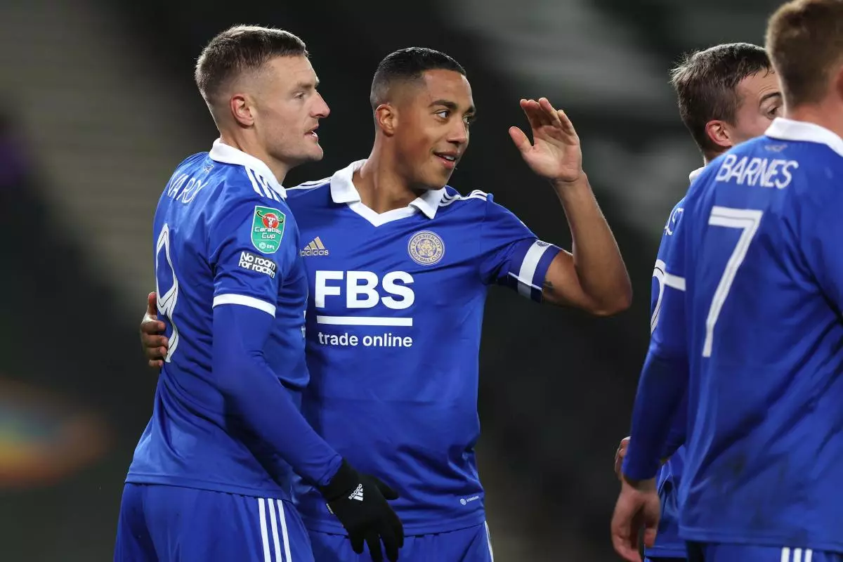 Leicester City's Jamie Vardy celebrates goal with Youri Tielemans