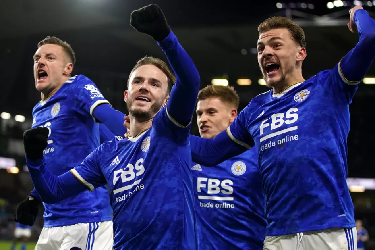 Leicester City's James Maddison (centre) celebrates scoring their side's first goal of the game during the Premier League match at Turf Moor, Burnley.