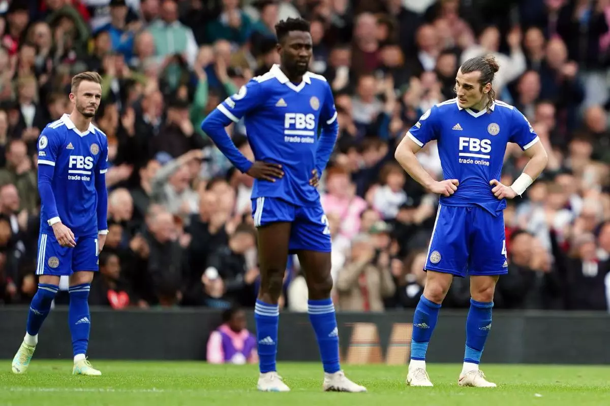 Leicester City's James Maddison, Onyinye Ndidi and Caglar Soyuncu during Fulham defeat