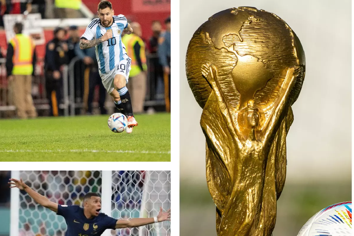 Kylian Mbappe and Lionel Messi World Cup trophy