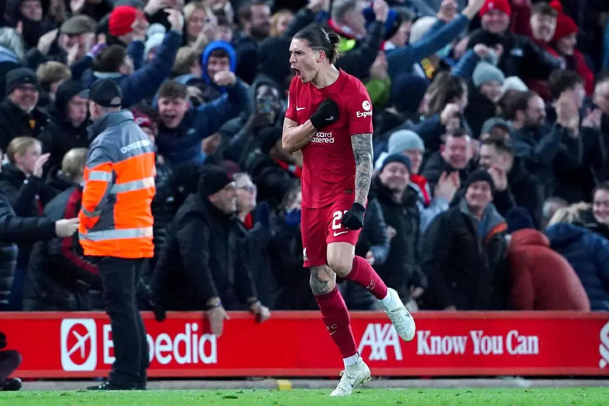 Liverpool's Darwin Nunez celebrates first goal against Wolves in FA Cup