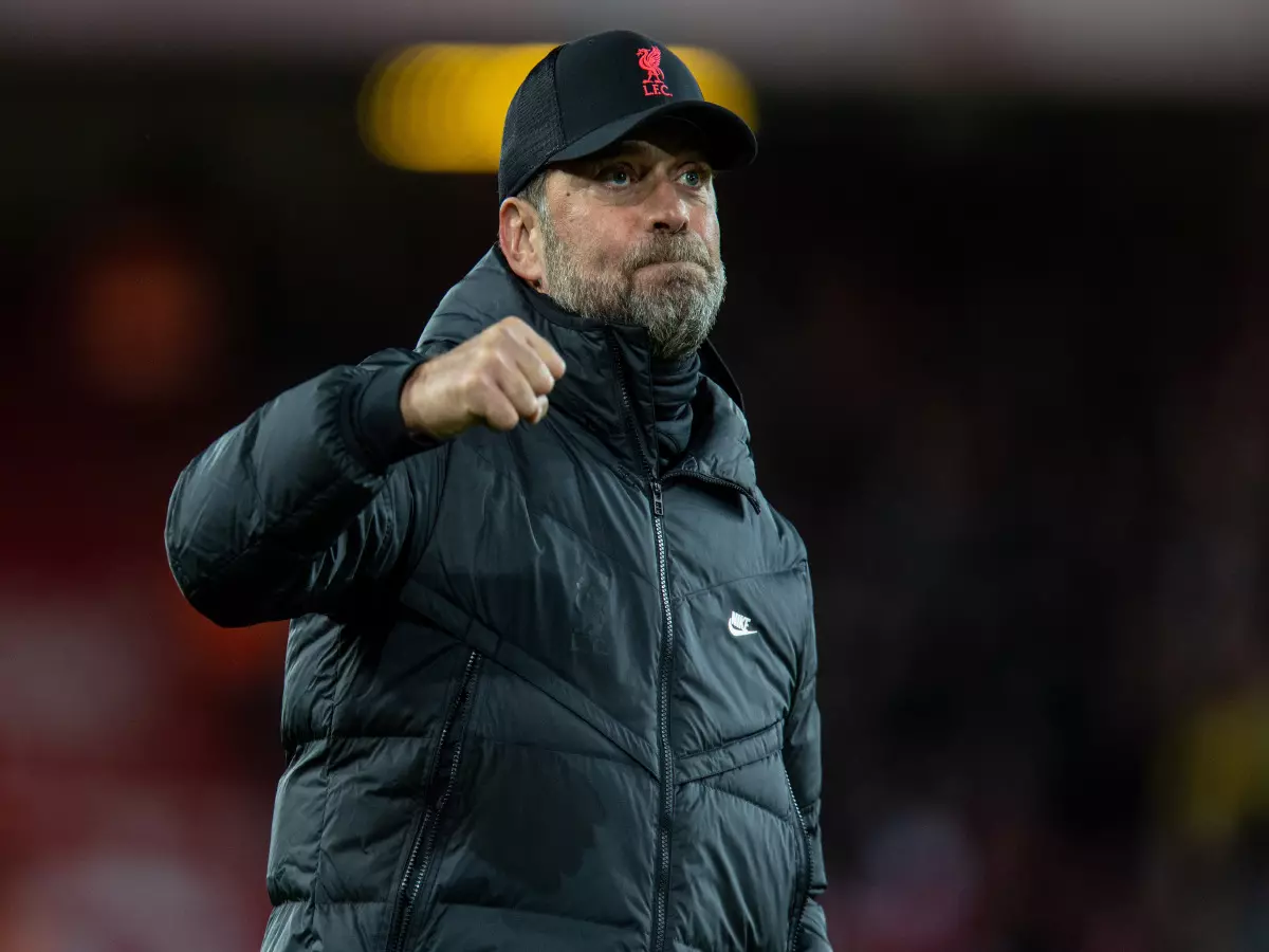 Liverpool's manager Jurgen Klopp celebrates after the English Premier League match between Liverpool and Arsenal in Liverpool, Britain, on Nov. 20, 2021.