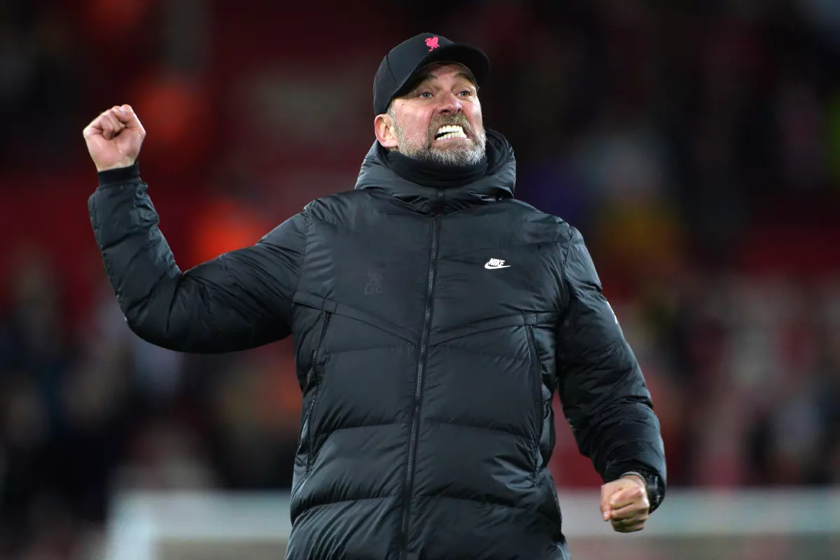 Liverpool manager Jurgen Klopp celebrates after the final whistle following the Premier League match at Anfield, Liverpool. Picture date: Saturday March 5, 2022.