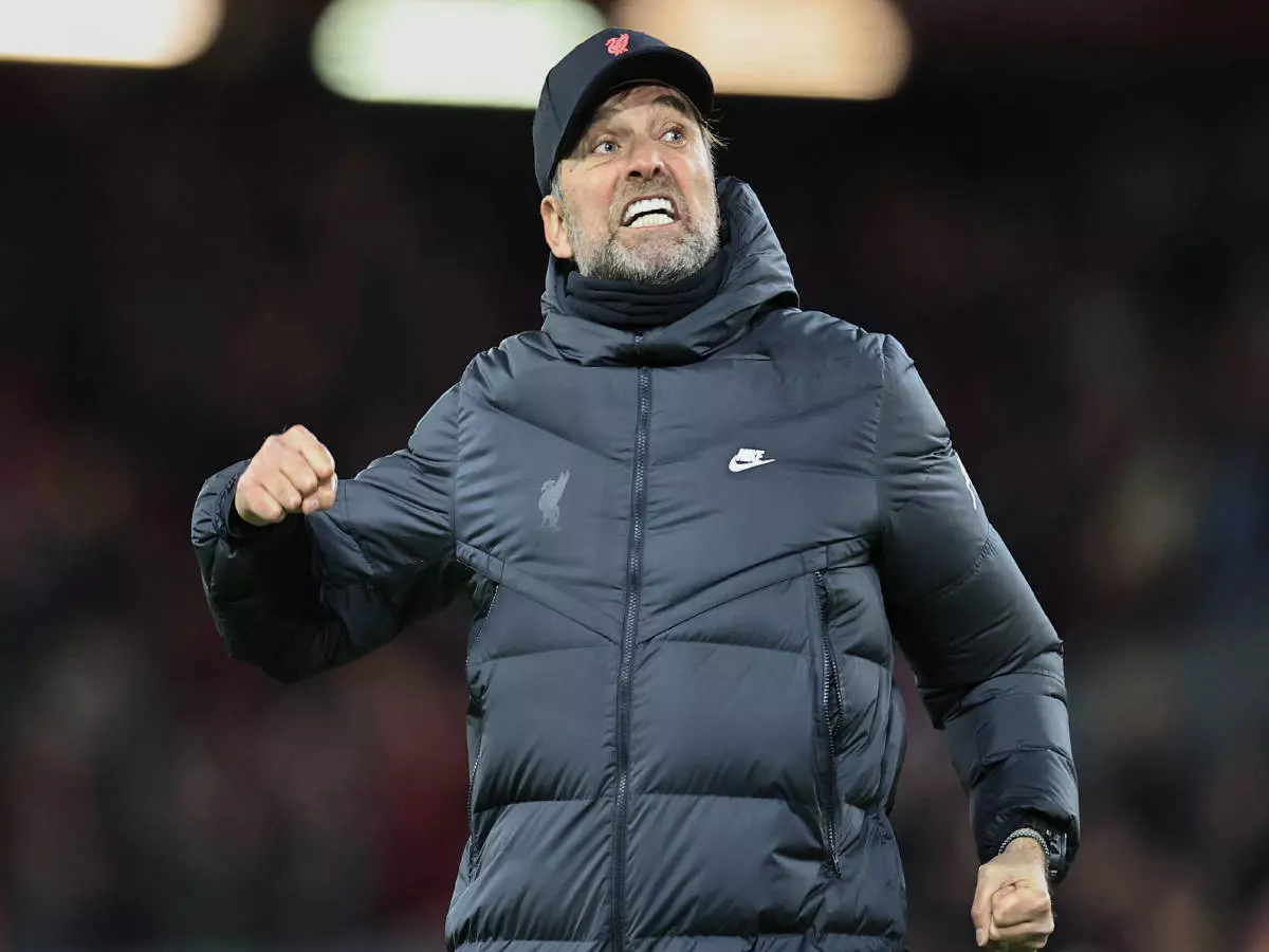 Premier League Liverpool v Leeds United Liverpool manager Jurgen Klopp cheers on the fans at the end of the 6-0 win Liverpool Anfield Merseyside United Kingdom.