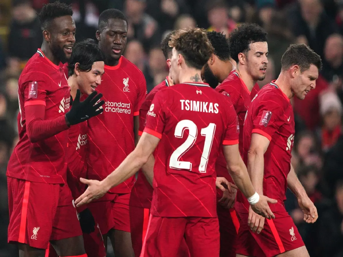 Takumi Minimino celebration Liverpool FA Cup Mar22