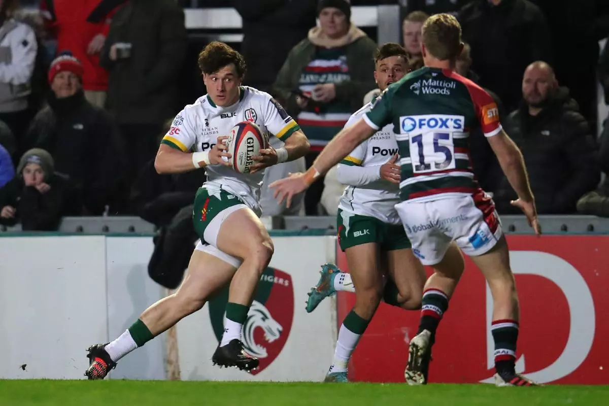 London Irish's Henry Arundell breaks through before scoring his side's first try
