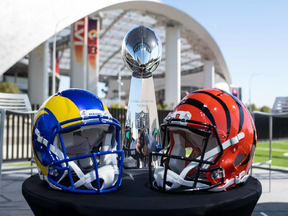 Los Angeles Rams and Cinncinati Bengals helmets Vince Lombardy trophy