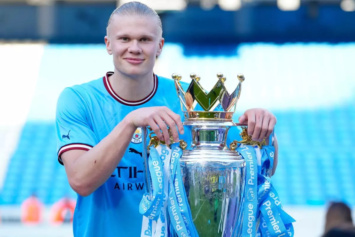 Manchester City's Erling Haaland celebrates Premier League title