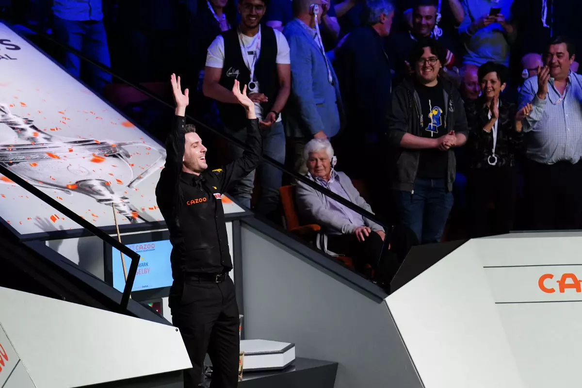 Mark Selby celebrates his maximum break in the final of the World Snooker Championship - May 2023