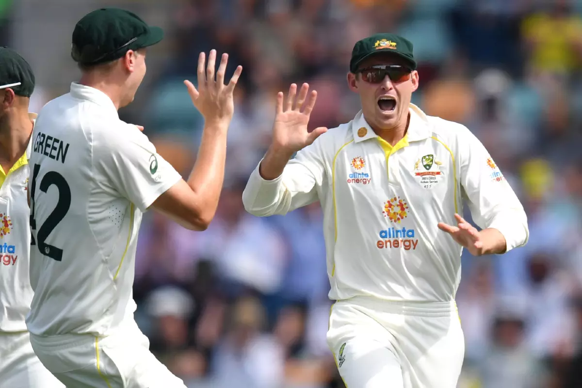 Marnus Labuschagne (right) of Australia celebrates with team mate Cameron Green