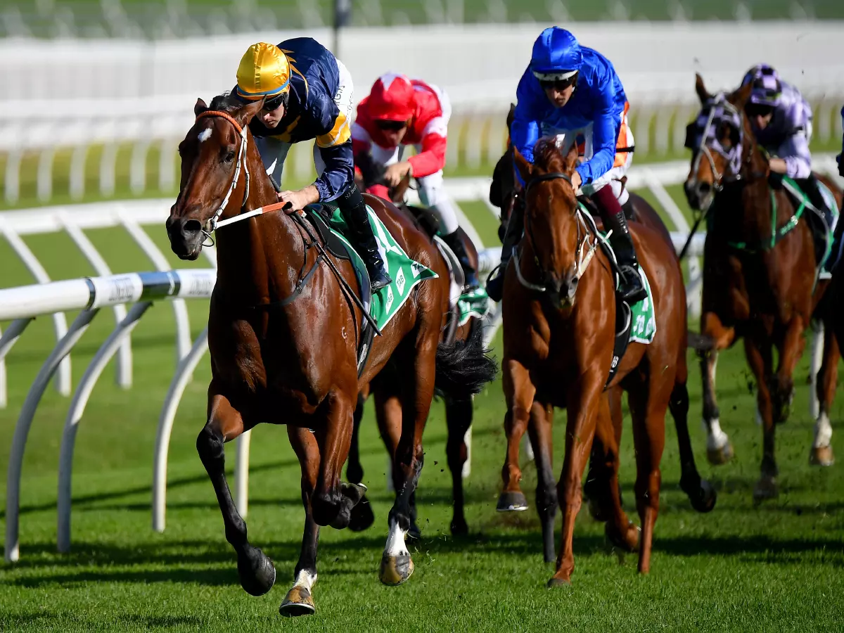 Jockey Tommy Berry rides Masked Crusader (left) to victory in race 5