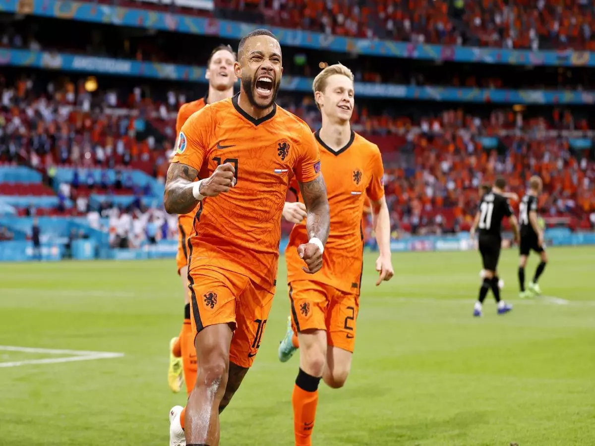 Group stage of EURO2020 between Netherlands and Austria. Memphis Depay scores 1-0 and celebrates with Frenkie de Jong Netherlands