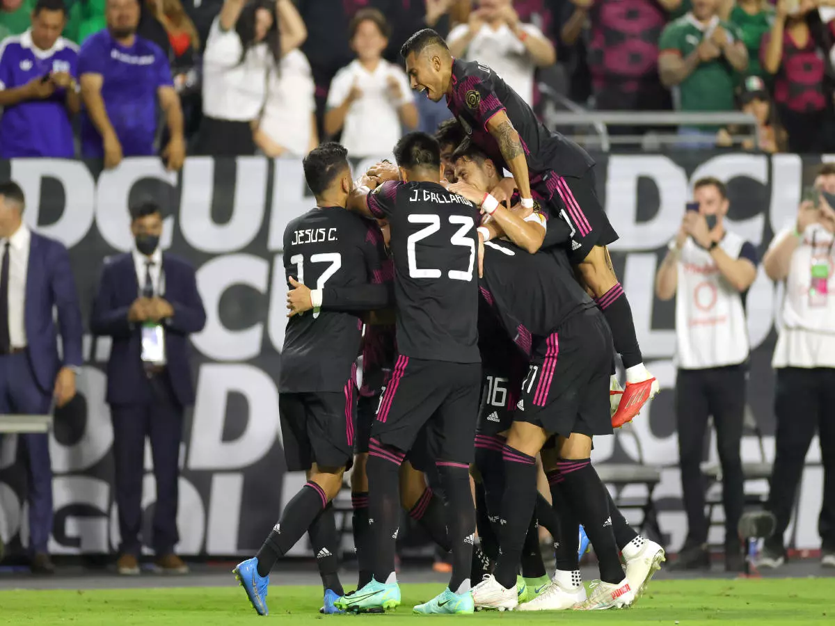 Mexico midfielder Jonathan Dos Santos (6) celebrates with fans and teammates after scoring a goal in action during the CONCACAF Gold Cup quarterfinals match between Mexico and Honduras