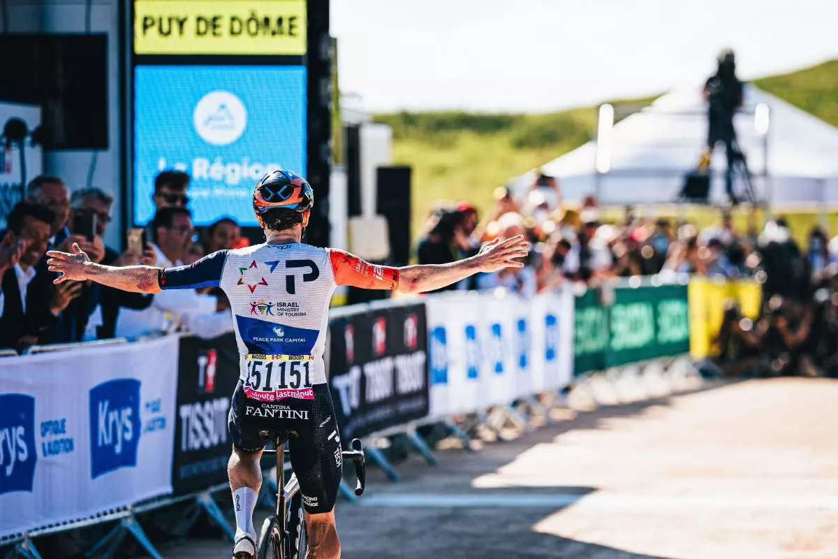 Michael Woods of Israel-Premier Tech celebrates to win the stage 9 of the Tour de France - July 2023