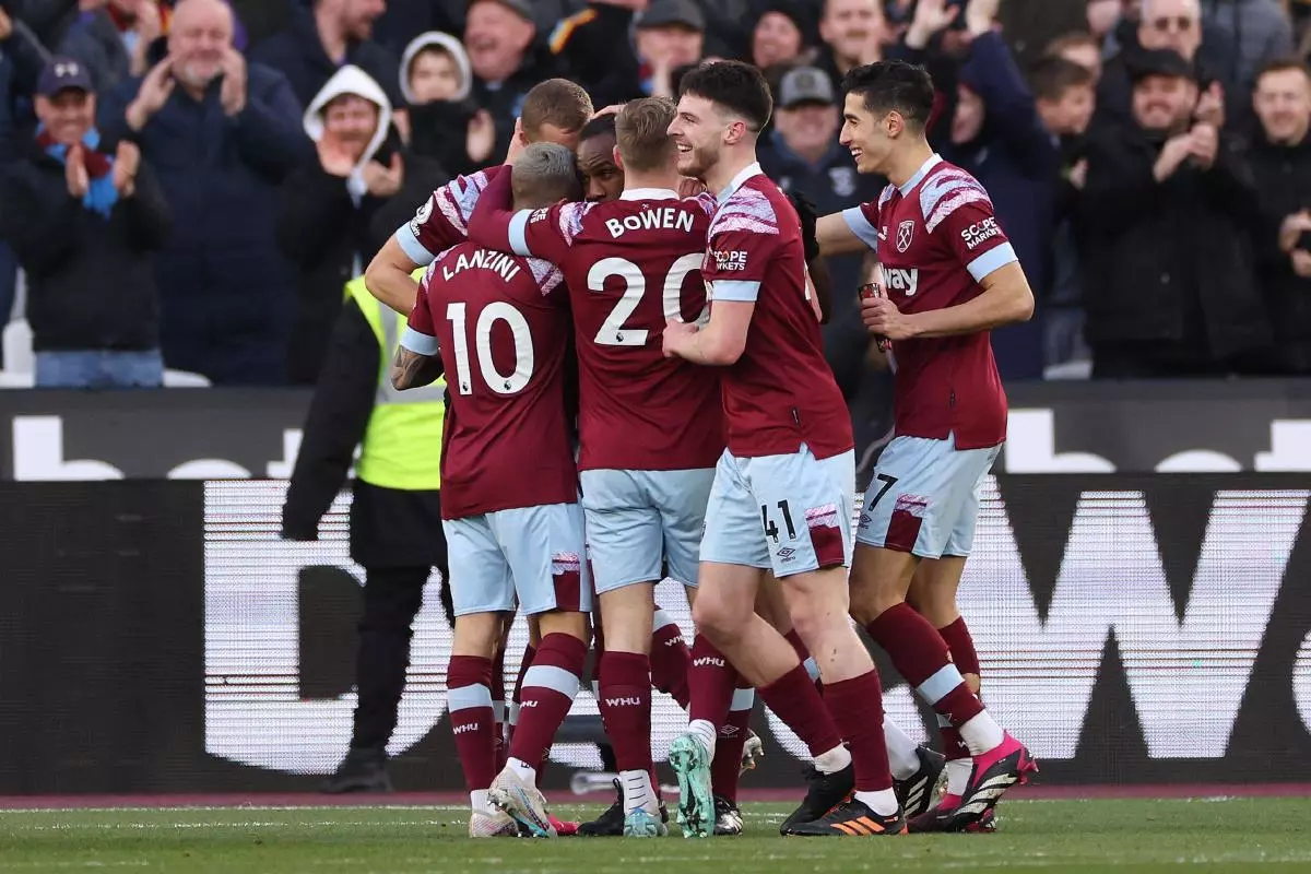 Michail Antonio of West Ham United celebrates with team mates - March 2023