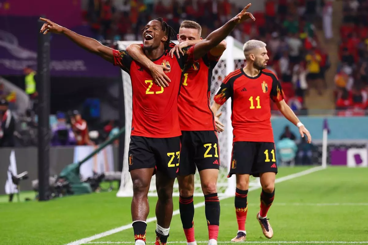 Michy Batshuayi of Belgium celebrates scoring v Canada