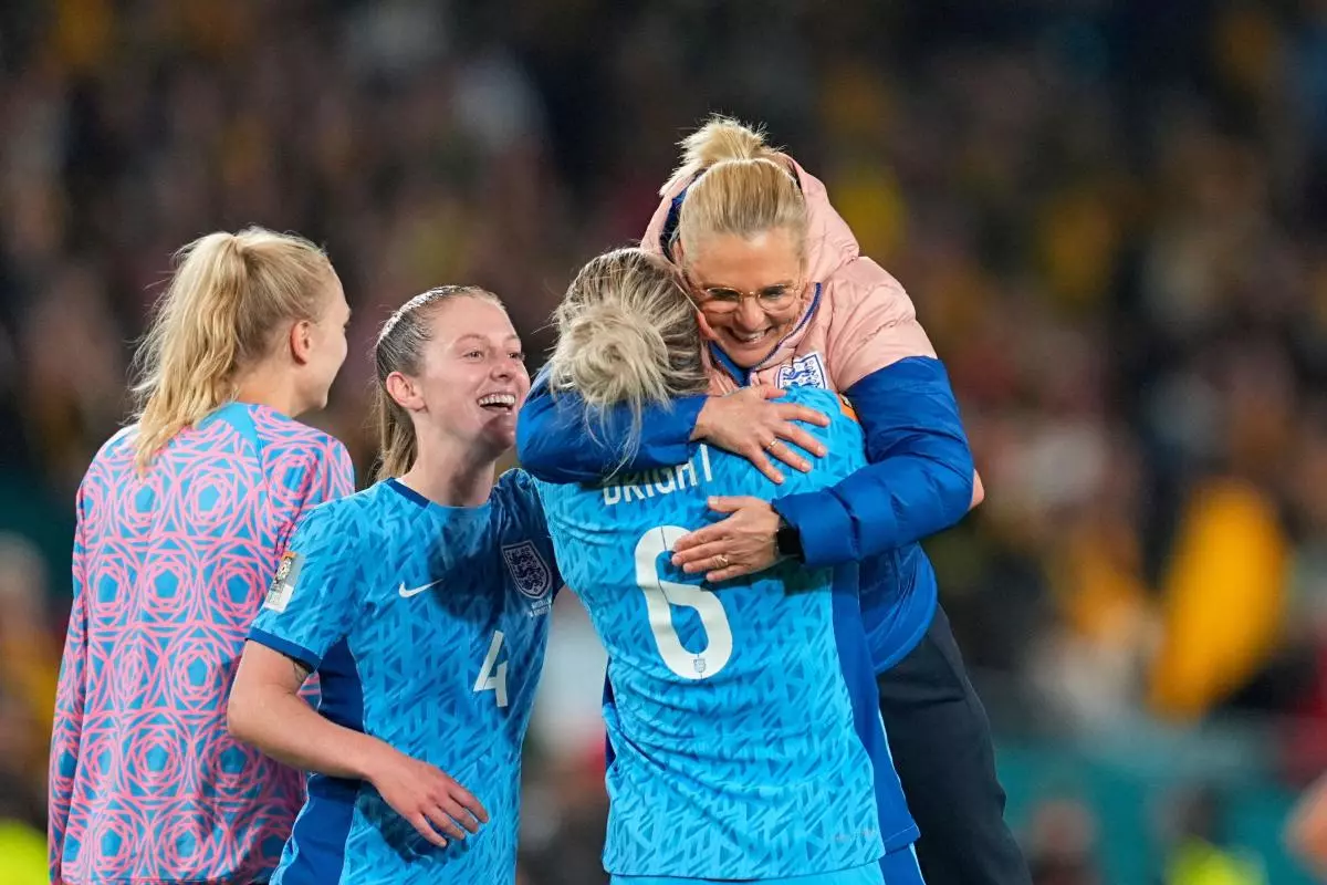Millie Bright and Sarina Wiegman after England beat Australia at the Women's World Cup - Aug 2023