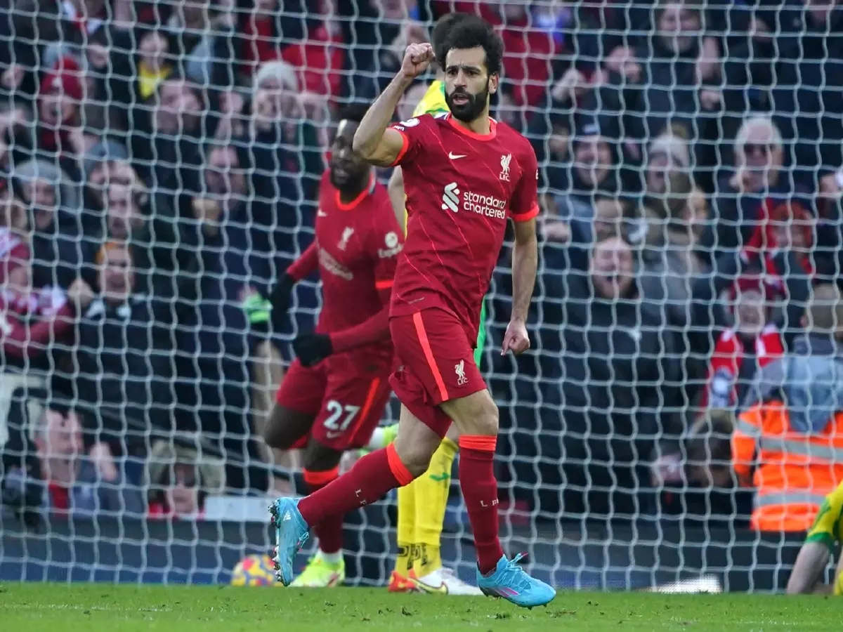Mo Salah celebrates 150th goal for Liverpool vs Norwich Feb22