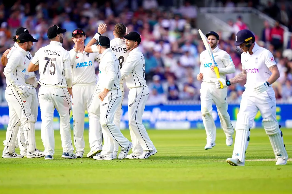 New Zealand celebrate the wicket of England captain Ben Stokes