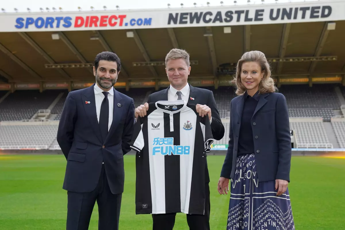 Newcastle club director Amanda Staveley and husband Mehrdad Ghodoussi (left) with newly appointed Newcastle United manager Eddie Howe