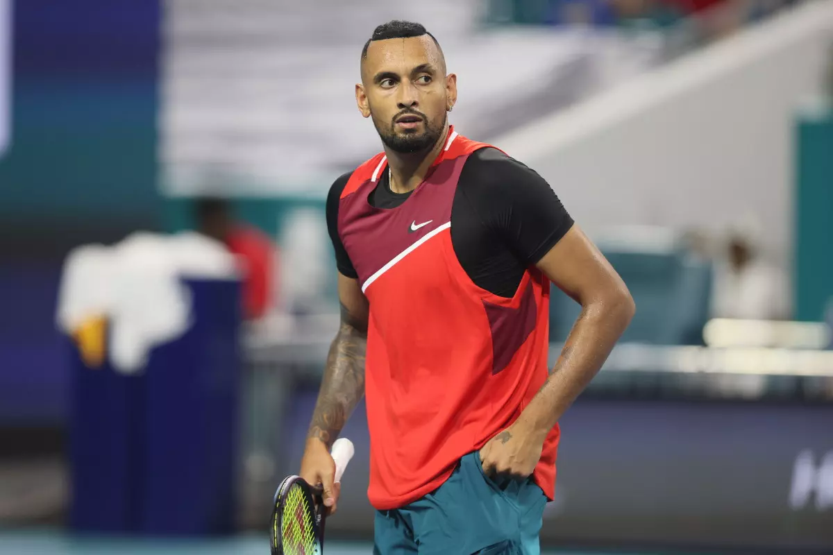 Nick Kyrgios of Australia defeats Adrian Mannarino of France during the 2022 Miami Open at Hard Rock Stadium on March 23, 2022 in Miami Gardens, Florida