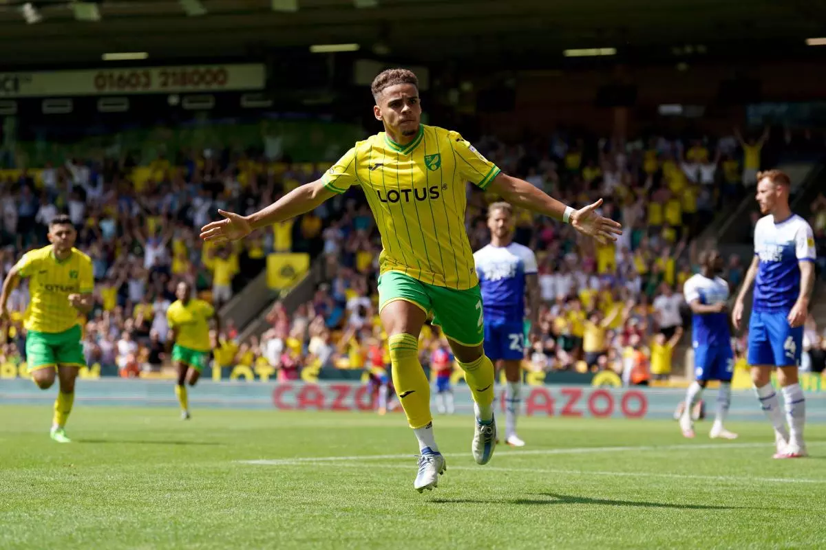 Norwich City's Max Aarons celebrates scoring v Wigan