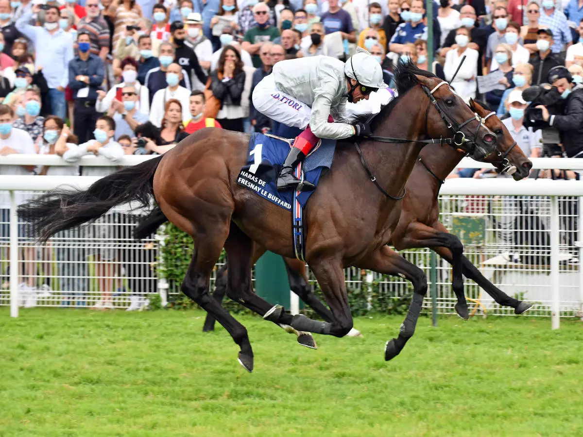 Palace Pier with Frankie Dettori up wins the Prix Jacques le Marois. Deauville racecourse.
