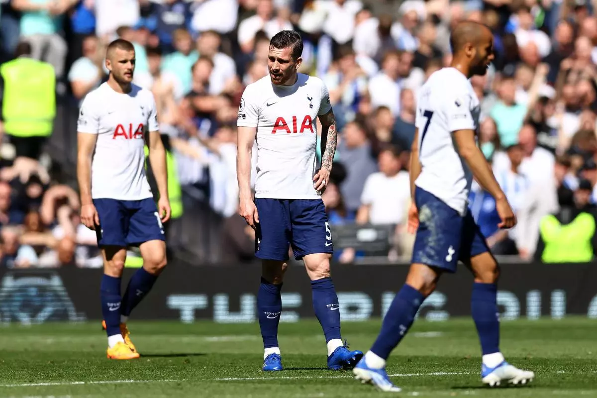 Pierre-Emile Hojbjerg of Tottenham looks on dejected during the Premier League match at the Tottenham Hotspur Stadium