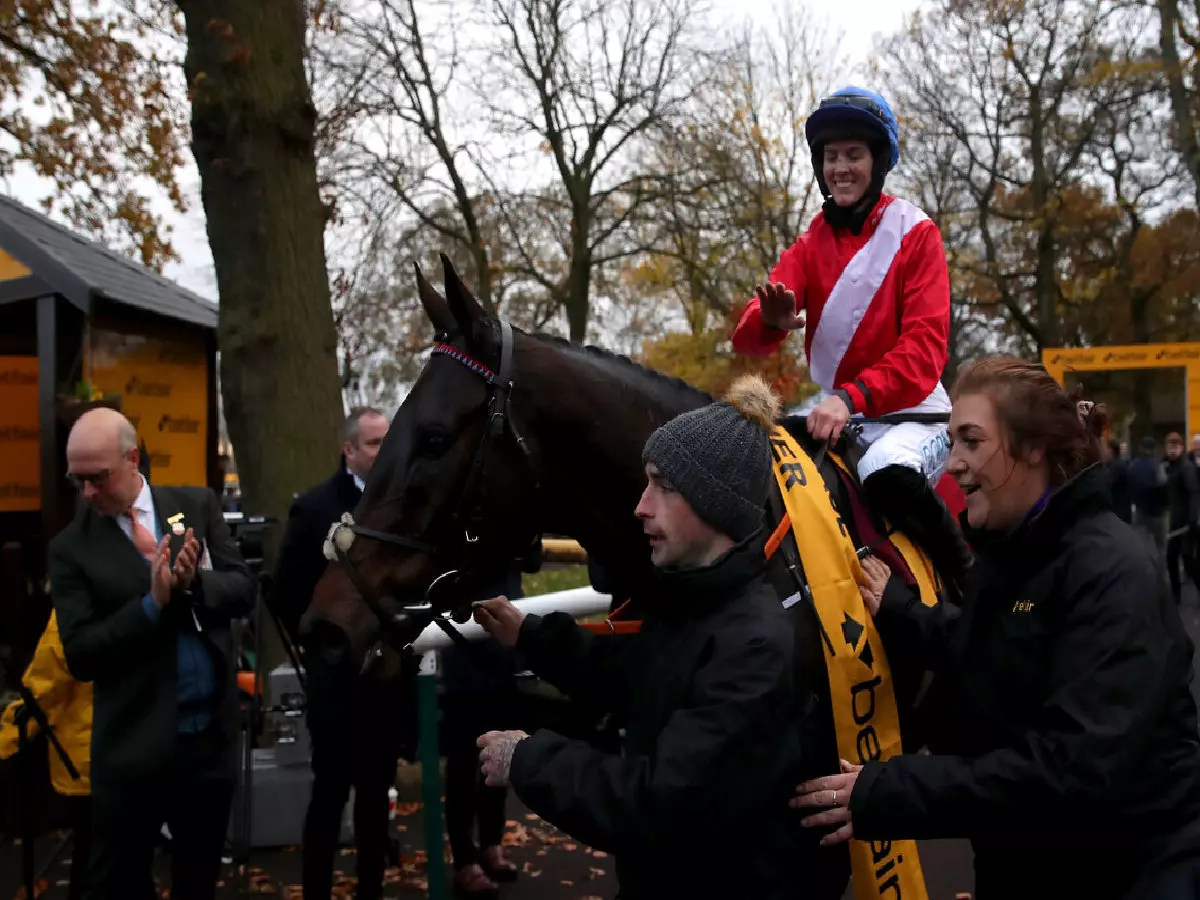 Rachael Blackmore celebrates on A Plus Tard after winning the Betfair Chase at Haydock