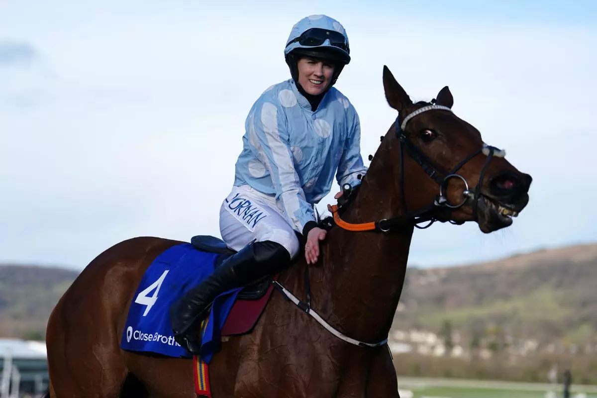Rachael Blackmore celebrates winning The Close Brothers Mares' Hurdle on Honeysuckle