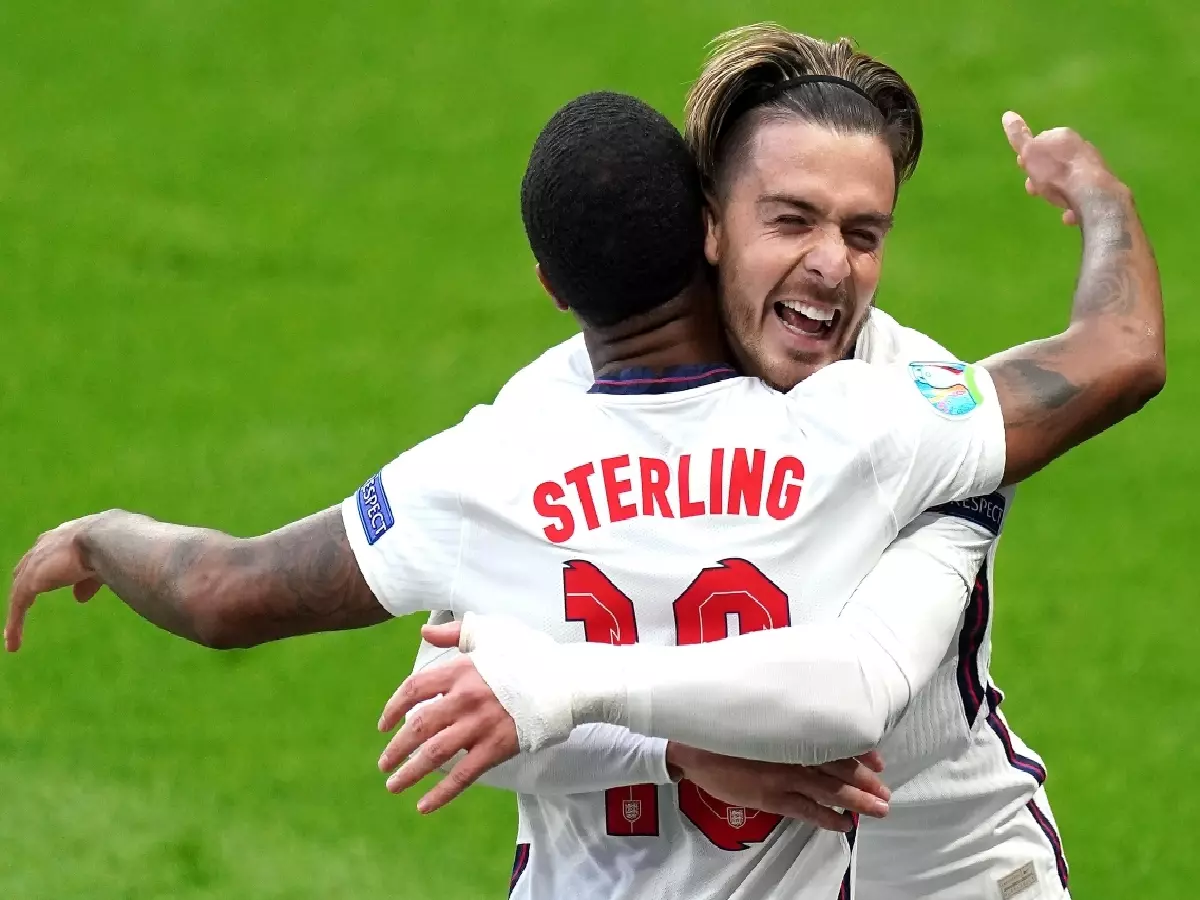 Raheem Sterling and Jack Grealish celebrate England's winner against Czech Republic Euro 2020 Jun21