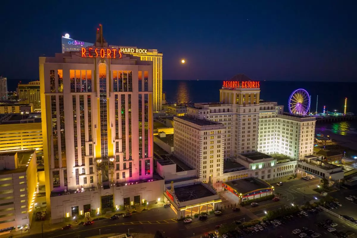 Resorts Casino Hotel aerial view at Boardwalk at night in Atlantic City