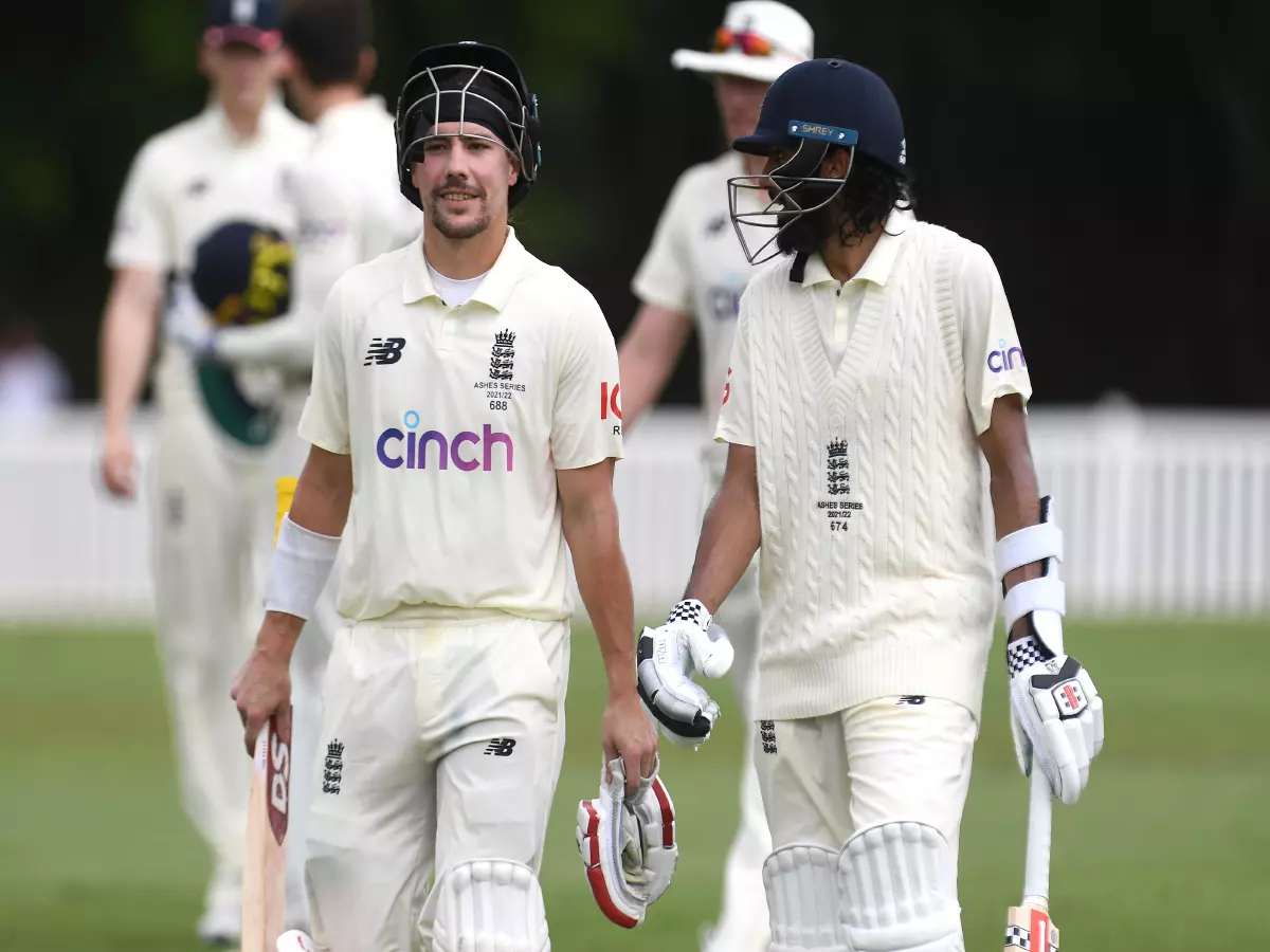 Opening batsmen Rory Burns (right) and Haseeb Hameed on Day 1 of the Ashes Tour Match between England Men and England Lions, at Redlands Cricket Club, Wellington Point, QLD, Tuesday, November
