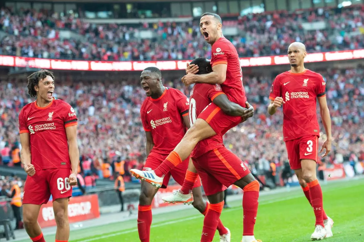 Sadio Mané of Liverpool celebrates scores his goal during the Emirates FA Cup Semi-Final match between Manchester City and Liverpool at Wembley Stadium