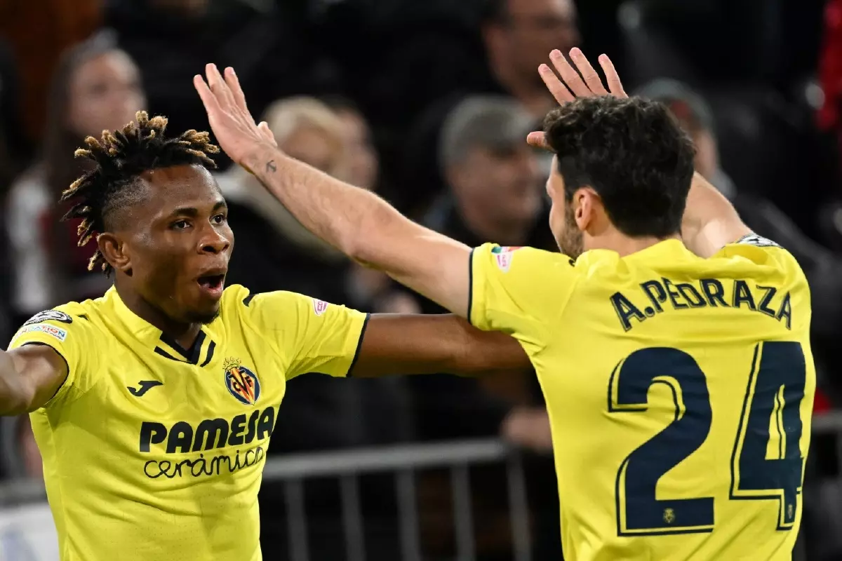 Samuel Chukwueze celebrates his goal for Villarreal away to Bayern Munich in the Champions League QFs
