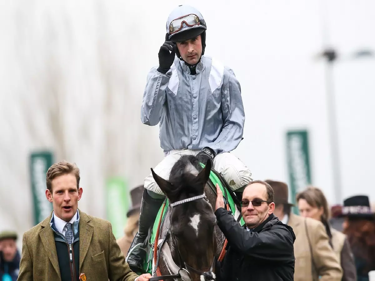 Santini and Nico de Boinville after winning the 2020 Cotswold Chase at Cheltenham
