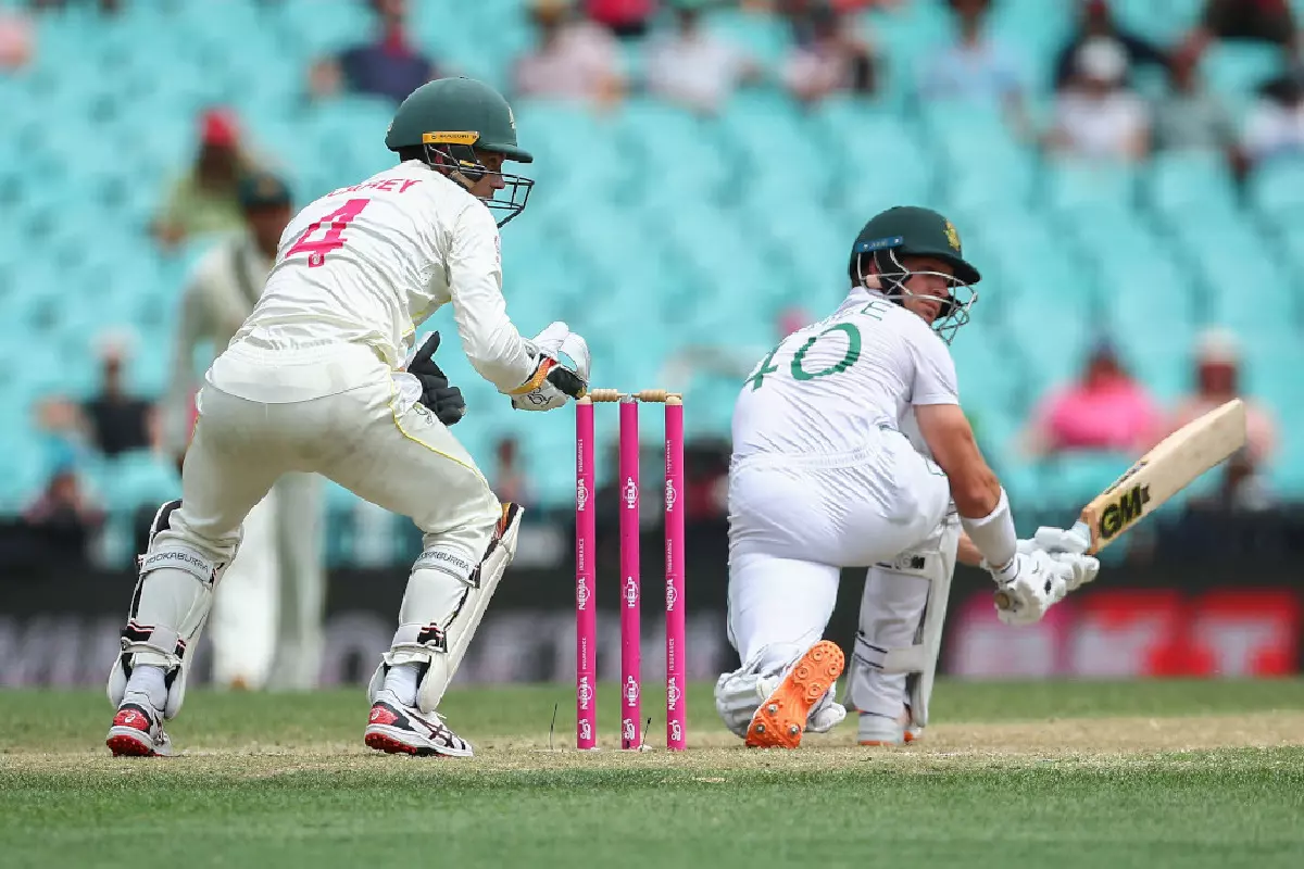 Sarel Erwee plays a sweep shot against Australia