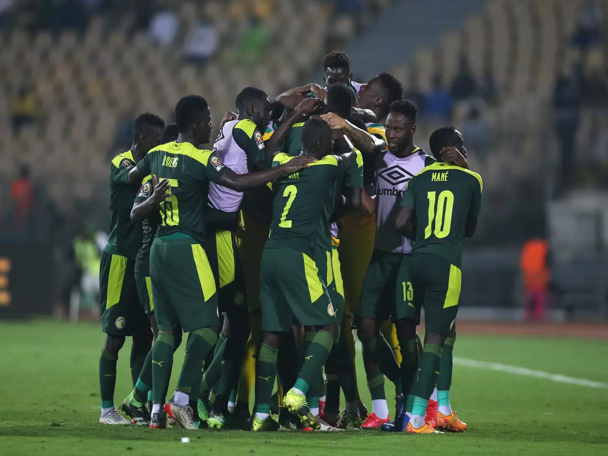 Senegal celebrate opening the scoring of the AFCON semi-final