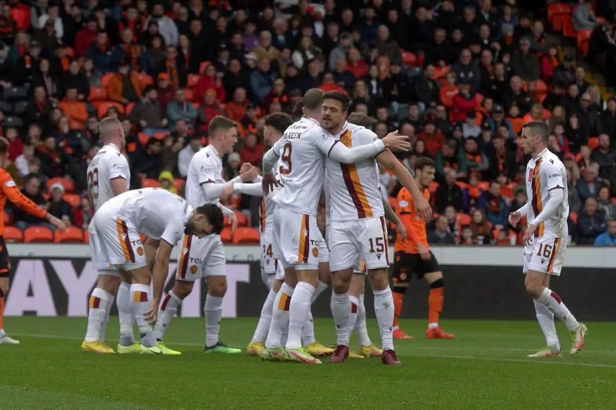 Sondre Johansen of Motherwell is congratulated after scoring